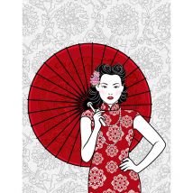 Papier peint panoramique à motifs asiatiques Tapisserie panoramique rouge orientale Papiers peints panoramiques illustration femme