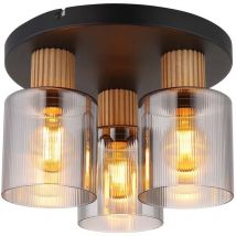 Deckenleuchte Schlafzimmerlampe Holzoptik Glasschirm 3 flammig Deckenlampe, Metall mdf, 3x E27 Fassung, DxH 30x21 cm