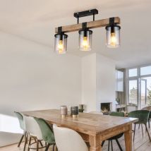 Deckenlampe Deckenleuchte Holzlampe Esszimmerleuchte Wohnzimmer, 3 flammig, Landhaus Holzoptik braun Rauchglas schwarz, 3x E27 Fassungen, LxBxH