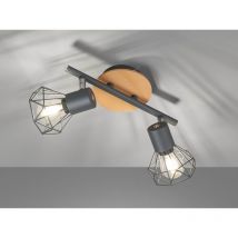Fischer&honsel - Deckenstrahler ran Grau / Holz 2-flammig, Gitterlampe schwenkbar, Breite 25cm
