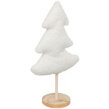 Déco de Noël Sapin en Bois et Tissu Blanc à bouclettes l 19 x h 35 cm - Feeric Christmas