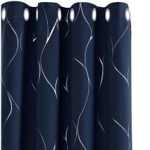 Deconovo - Eyelet Blackout Curtains with Silver Wave Line Foil Printed Patterns 2 Panels 46 x 54 Inch Navy Blue - Navy Blue