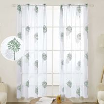 Deconovo - Faux Linen Leaves Embroidery Sheer Curtains Rod Pocket Net Voile Curtains Dark Green/White 55x81 Inch 2 Panels - Dark Green/White