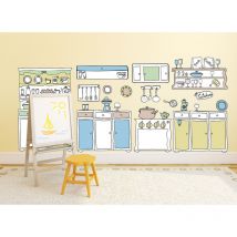 Sticker mural autocollant cuisine ancien style, couleurs pastels, 170x60cm, décoration murale pour cuisine.