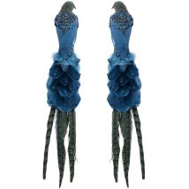 Décoration d'arbre de Noël bleu paon – 2 pièces – Hauteur 57 cm – Matières polystyrène et plumes – Statue