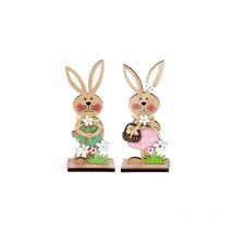 Décoration de Lapin de Pâques en Bois - Statue Lapin de Paques - Décoration Pâques à Poser (A-2 pièces)