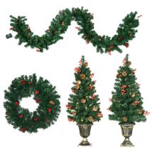 Homcom - Lot de 4 pièces - décorations de Noël lumineuses led - couronne, guirlande, 2 sapins avec pots et accessoires - vert