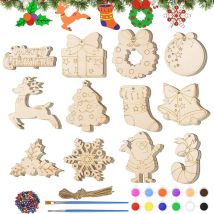 Decoration Noel Sapin Bois, Deco Noel Bois Ornements pour Peindre No毛l, Boule de Noel Bois pour Enfant Adulte Fabrication Suspension Pendentifs de