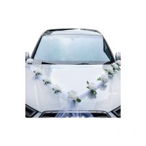 Décoration Voiture Mariage, Kit de décoration de Voiture de Mariage, Fleurs artificielles Blanches et Ruban Blanc pour Voiture de Mariage, décoration