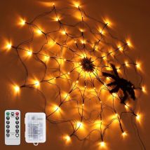 Décorations Halloween Lumière de Toile d'araignée, 1M Diamètre, 70 Lumières led Orange avec Araignée Noire, Télécommande pour Fête Cour Bar Maison