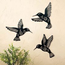 Decorazione murale in metallo a forma di colibrì, set di 3 decorazioni nere da appendere per il soggiorno, la camera da letto, il bagno, la cucina,