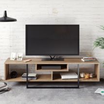 Decorotika - Asal 150 cm Wide Modern tv Unit Industrial Metal tv Stand Open Shelf Lowboard Up To 63 TVs - Walnut Pattern And Black - Walnut and Black