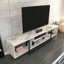 Decorotika - Asal 150 cm Wide Modern tv Unit Industrial Metal tv Stand Open Shelf Lowboard Up To 63 TVs - Ephesus And Black - White Marble Effect and