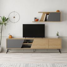Decortie - Fiona Modern Tv Unit With Storage And Wall Shelf 180cm - Oak / Anthracite Grey - Anthracite Grey