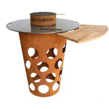 Deinwerk - Dubbefass Grillfass aus Corten mit Feuerplatte, Wokaufsatz und Anstecktisch
