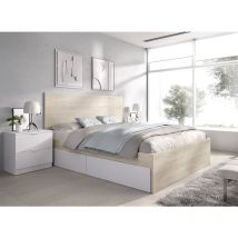 DEKIT LAGO - CAMA PARA DORMITORIO 135/140X190 CON 4 CAJONES Y DOS MESITAS DE 2 CAJONES - NATURAL / BLANCO - 100 x 246 x 195