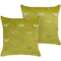 Dekokissen 2er Set in Hellgrün / Gold Samtstoff 45 x 45 cm Quadratisch Schmetterling Muster Wohnaccessoires Deko für Sofa Sessel Bett