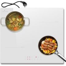 DELITEER Induktionskochfeld 4 Platten, Kochfeld Einbau 59CM mit Stecker, Weißes Keramikglas, Induktionskochfeld Autark 3500W, 9 Leistungsstufen,