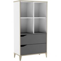 Mueblix - Bibliothèque 2 tiroirs - genius - Blanc et Gris - 70,2 x 35 x 130,3 cm - demeyere