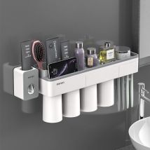 Squeezer Automatic Toothpaste Dispenser and Toothbrush Holder, Space-Saving Toothbrush Wall Organizer with Dust Cover, 4 Magnetic Cups - Denuotop