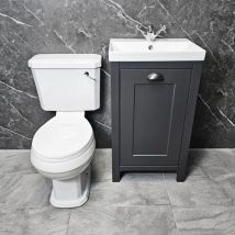 Derby Traditional Dark Grey Vanity Unit + Carlton Toilet Set Cloakroom Suite, White Seat-No Tap & Waste-Chrome Flush - Dark Grey