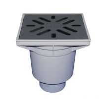 Desagüe vertical 'Perfekt' DN110, soporte de rejilla de plástico 244x244mm, rejilla de hierro fundido 226x226mm, colector de suc
