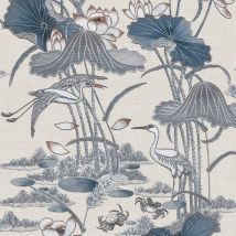 Design Id - Blue Lotus Pond Wallpaper Crane Lily Pads Textured Paste The Wall