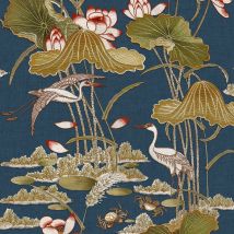 Design Id - Navy Lotus Pond Wallpaper Crane Lily Pads Textured Paste The Wall