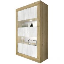 Design-Vitrine mit 4 Türen aus der Kollektion access. Farbe Weiß und helles Eichenholz.