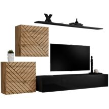 Designermöbelset für das Wohnzimmer switch v, Eiche/Schwarz, Oberflächen in gefräster Eiche und Hochglanz Schwarz