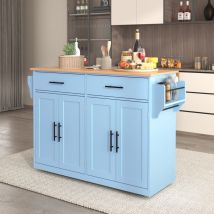 Fortuna Lai - Desserte de cuisine 120x46-70x91cm - Chariot de service avec plateau rabattable, avec roulettes et pieds en bois - Bleu