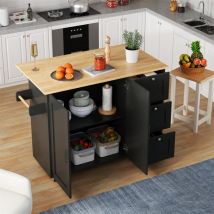Wishdor - Desserte de cuisine, buffet noir avec roulettes, plan de travail en chêne, 3 tiroirs, porte-serviettes