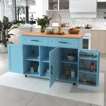 Wishdor - Desserte de cuisine, buffet bleu avec roulettes, plan de travail en bois massif et plan de travail rabattable, pieds en bois massif