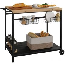 Desserte de jardin chariot pour plancha barbecue en bois et métal avec poignée 2 plateaux 2 paniers et porte-bouteilles