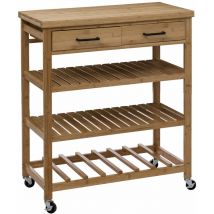 Îlot à roulettes en bambou LINHA, bibliothèque mobile avec comptoir et tiroirs