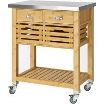 FKW40-N Desserte sur roulettes Armoire de rangement cuisine en Bambou - Plan de travailen en Acier Inox résistant aux empreintes digitales - Sobuy
