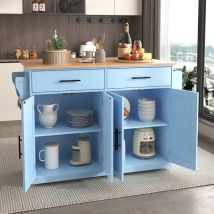 Desserte/bahut de table à manger 120x46/71x91.5cm, plateau de table pliable, 2 tiroirs, armoire de rangement, 4 portes, Bleu clair+naturel
