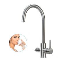 Robinet de Cuisine 3 Voies Mitigeur Cuisine en Acier Inox Robinet d'évier Rotatif à 360° Mitigeur Evier Cuisine Eau Potable Chaude et Froide Brossé
