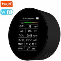 Tuya - Detector de calidad del aire multifuncional WiFi 7 en 1, PM2.5, tvoc, CO2, hcho, temperatura, humedad y aqi para casa, oficina y coche (negro)