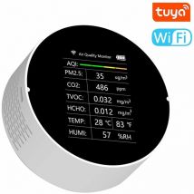 Tuya - Detector de calidad del aire WiFi multifuncional 7 en 1, PM2.5, tvoc, CO2, hcho, temperatura, humedad, aqi, para casa, oficina, coche (blanco)