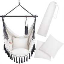 Detex - Boho Style Hanging Hammock Chair w/Drink Holder 2 Cushion Indoor Outdoor Cream