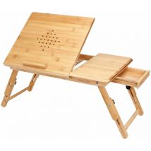 Mesa para portátil de bambú con agujeros de ventilación y cajón Ajustable en altura 55x35x20-28cm Mesa para portátil Cama Sofá - Casaria