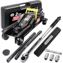Set de Gato hidráulico de 2T Elevador de coches y llave dinamométrica de 6 piezas con caja accesorios - Deuba