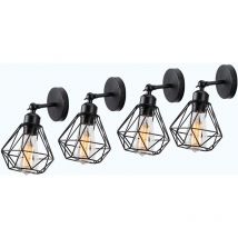 Diamant Applique Mural Intérieur Industrielle Vintage Luminaire Eclairage en Métal Noir 4PCS