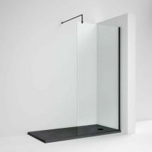 Diamond - Nuie Wet Room Screen 1850mm High x 700mm Wide with Support Bar 8mm Glass - Matt Black