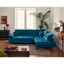 Bestmobilier - Dimas - rechts 5-sitzer - schlaffunktion und bettkasten und verstellbare kopfstützen - aus samt - blau