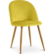 Privatefloor - Dining Chair - Velvet Upholstered - Scandinavian Style - Evelyne Yellow Metal with wooden transfer painting, Wood, Velvet - Yellow
