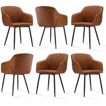 Dining chairs with armrests and lumbar support, sturdy metal frame, modern minimalistic design for living room, kitchen and bedroom - Set of 6 - Brown