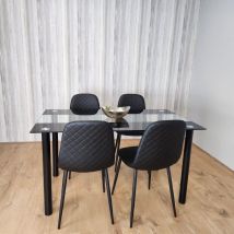 Dining Table and 4 Chairs Black Glass 4 Leather Black Chairs Dining Room Furniture - Clear