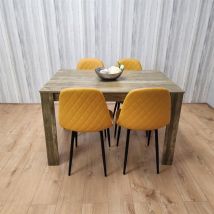 Kosy Koala - Dining Table and 4 Chairs Rustic Effect Table with 4 Mustard Gem Patterned Chairs - Brown